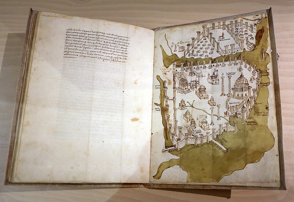 Cristoforo Buondelmonti, veduta di Costantinopoli, dal Liber Insularum Archipelagi, copiato da Niccolò Ugolini, 1470 ca. (bncf) 