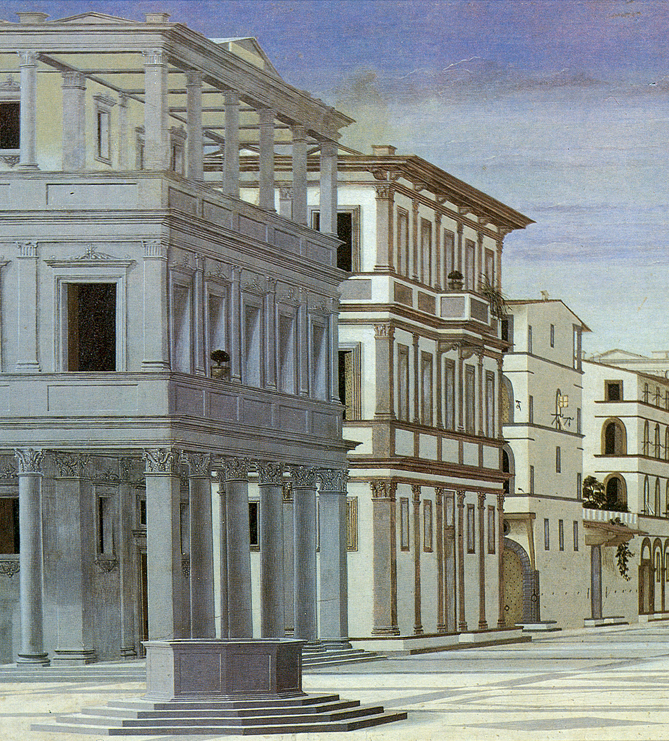 Città ideale, dettaglio - Galleria Nazionale delle Marche a Urbino. L'attribuzione a Piero della Francesca incerta. Si ipotizza che possa essere opera di Luciano Laurana o Francesco di Giorgio Martini, ed è datata agli anni '80 del Quattrocento.