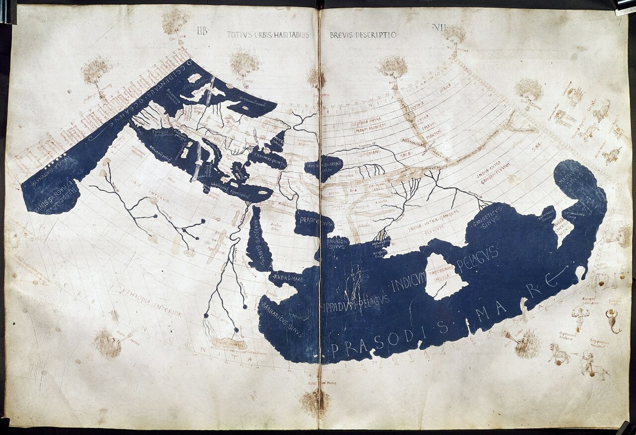 Prima proiezione (conica modificata) di Tolomeo su mappa del mondo fiorentina della metà del XV secolo basata sulla traduzione latina di Jacopo Angelo del 1406 dei manoscritti greci riscoperti di Massimo Planude, della Geografia di Tolomeo (II sec.), risalenti alla fine del XIII secolo. 