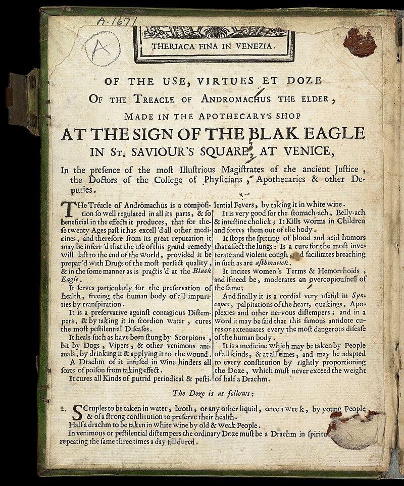 In una rivista di ricette, modalità e istruzioni per il dosaggio per la Teriaca, come si usava fare nella Venezia del XVIII secolo.