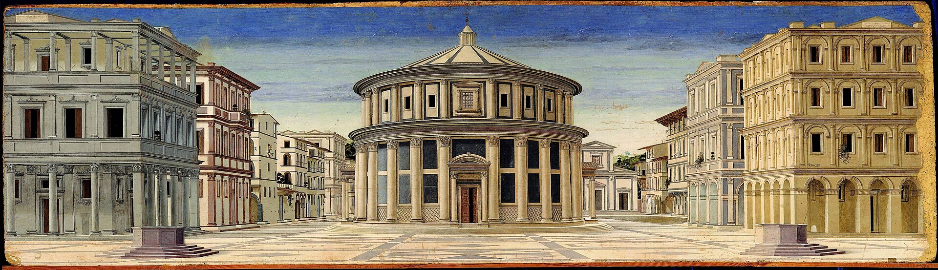Veduta di città ideale, Francesco di Giorgio Martini e Pietro Orioli (1477 circa, attribuzione autori incerta) - Berlino, Gemäldegalerie.