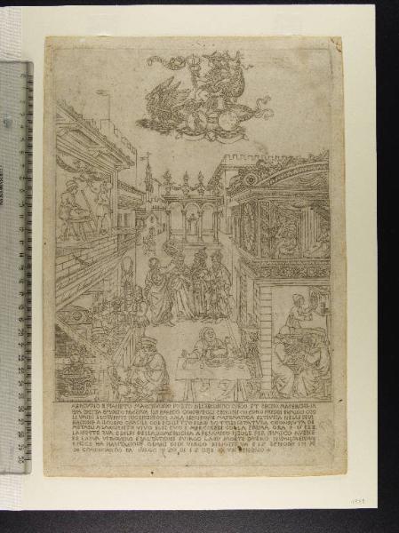 Il clima industrioso, lo spirito d'iniziativa e l’operosità che aleggiavano a Firenze in un’incisione fatta a quei tempi e attribuita a Baccio Baldini (1436–1487) così commentata dal medievista Christian Bec: “Una piazza circondata da edifici: a sinistra, in alto un pittore che lavora ad un affresco, mentre il garzone apprendista prepara i colori; sotto, la bottega di un orafo con un cliente che esamina una coppa; davanti alla bottega, uno scultore che lavora a un busto femminile. Nell’edificio a destra, al piano superiore, un musico che manovra i mantici di un organo; al piano inferiore, un libraio con un cliente e il garzone che mette a segno un orologio; al centro della piazza, un gruppo di astronomi e in primo piano due popolani che pranzano.” 