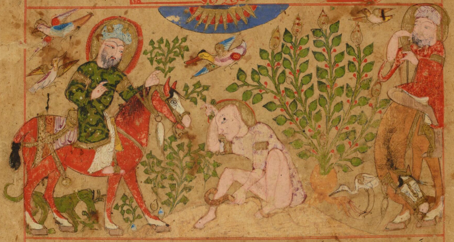 Raffigurazione di Andromaco il Vecchio a cavallo che interroga un uomo accasciato. morso da un serpente. Estratto da Kitâb al-Diryâq: "Il Libro della Teriaca" datato circa 1198-1199, Siria (From Wikipedia, the free encyclopedia). 