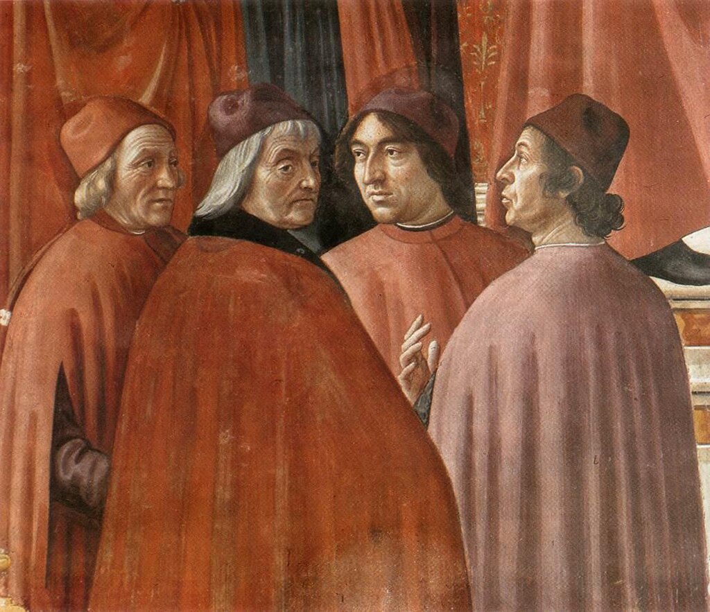 Marsilio Ficino, Cristoforo Landino, Angelo Poliziano e Demetrio Calcondila. Affresco di Domenico Ghirlandaio in Santa Maria Novella (Firenze)