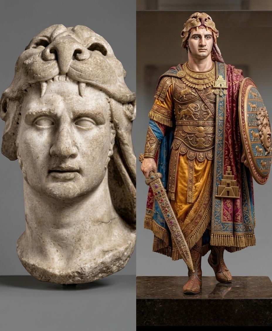 King Mithridates VI of Pontus. On the left, a marble bust from the 1st century BC (Roman imperial period) located in the Louvre Museum. On the right a similar about recreated by AI